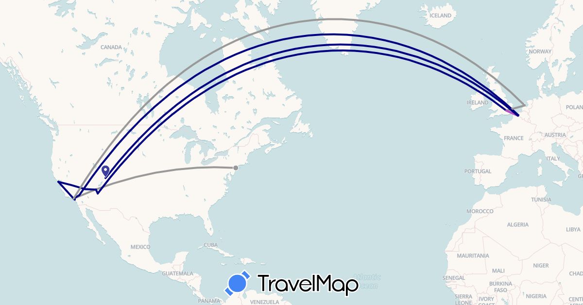 TravelMap itinerary: driving, plane, train in France, United Kingdom, Netherlands, United States (Europe, North America)